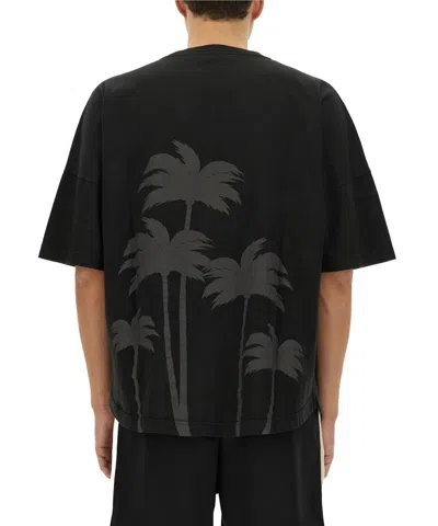 Palm Angels Blue Cotton T-shirt With Palm Print And Logo In Black