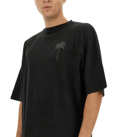 Palm Angels Blue Cotton T-shirt With Palm Print And Logo In Black