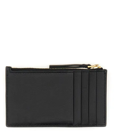 Tory Burch Black Diamond-quilted Card Holder With Double T Logo Plaque On The Front