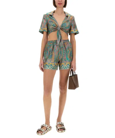 Etro Elastic Waistband Paisley Print Relaxed Fit Shorts In Green