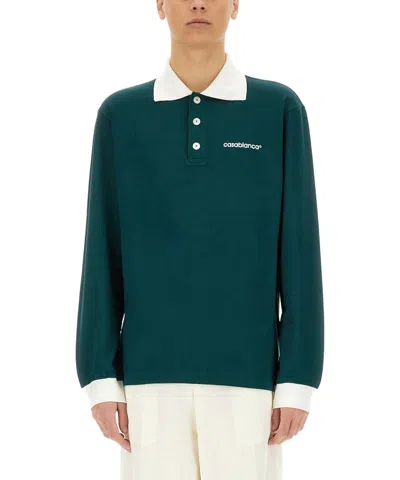 Casablanca Green Polo Shirt With Classic Collar And Logo Lettering On The Front