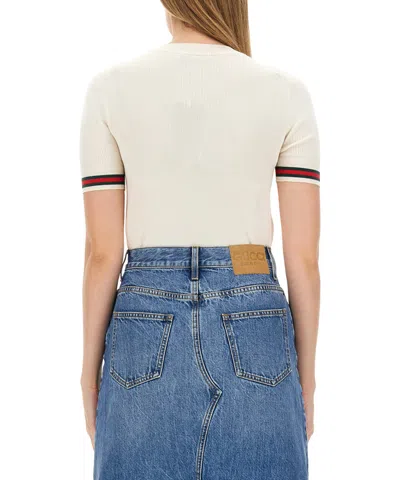 Gucci Women Extrafine Wool Sweater With Web Detail In Neutral