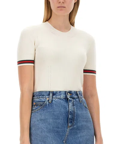 Gucci Women Extrafine Wool Sweater With Web Detail In Neutral