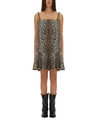 Ganni Leopard Print Denim Mini Dress