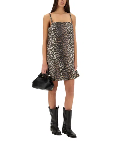 Ganni Leopard Print Denim Mini Dress