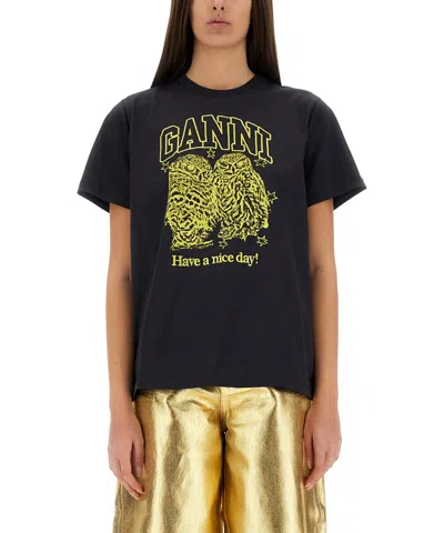 Ganni Basic Jersey Owls Relaxed T-shirt T-shirts Black In Black
