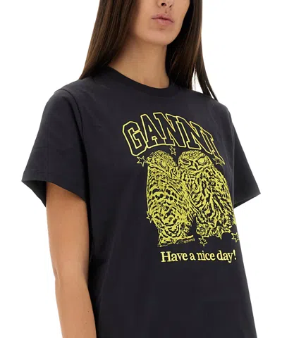 Ganni Basic Jersey Owls Relaxed T-shirt T-shirts Black In Black