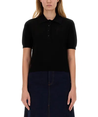 Burberry Ekd Detailed Short Sleeved Ribbed Polo Top In Black