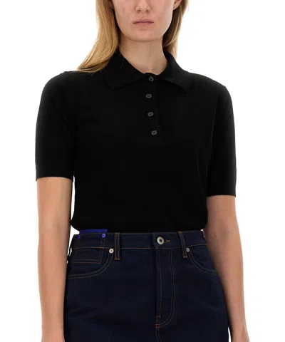 Burberry Ekd Detailed Short Sleeved Ribbed Polo Top In Black