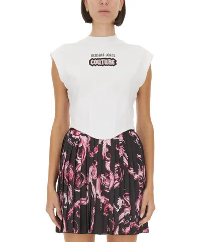 Versace Jeans Couture White Top With Logo And Cap Sleeves In White
