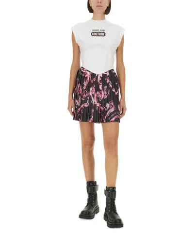 Versace Jeans Couture White Top With Logo And Cap Sleeves In White