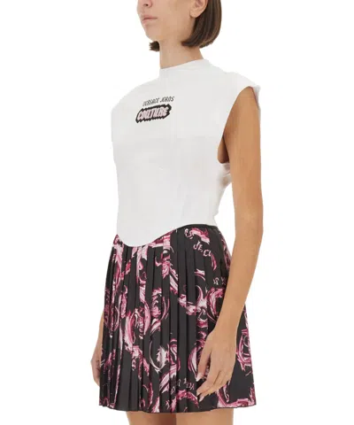Versace Jeans Couture White Top With Logo And Cap Sleeves In White