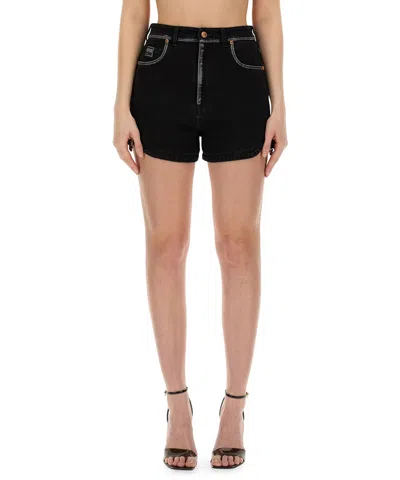 Versace Jeans Couture Denim High-waisted Shorts Contrast Stitching In Black