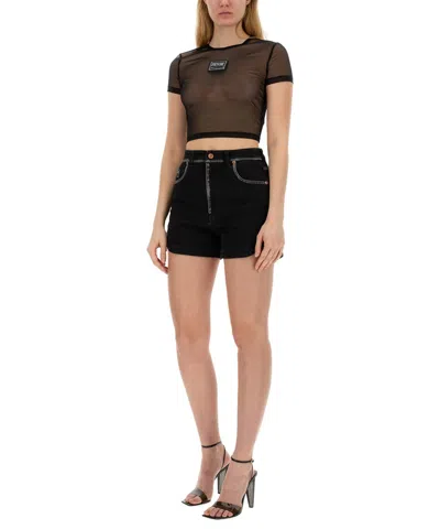 Versace Jeans Couture Denim High-waisted Shorts Contrast Stitching In Black