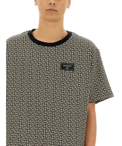 Balmain Grey T-shirt With Logo Applied On The Chest And All-over Labyrinth Motif In Cotton Man