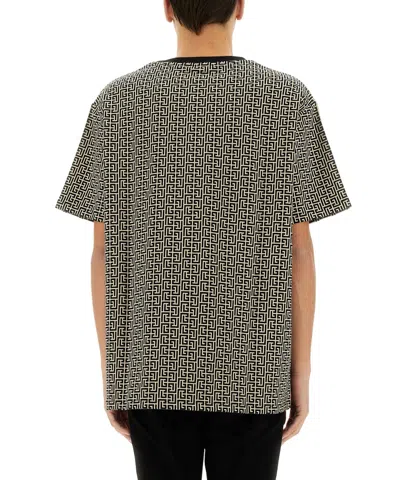 Balmain Grey T-shirt With Logo Applied On The Chest And All-over Labyrinth Motif In Cotton Man