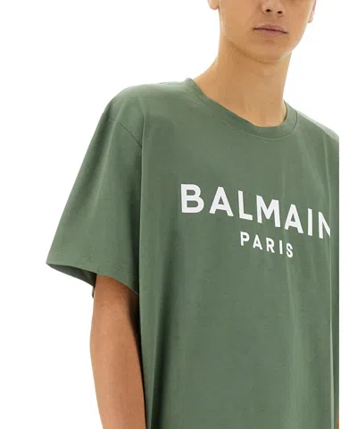 Balmain Green Crewneck T-shirt With Logo Lettering On The Front