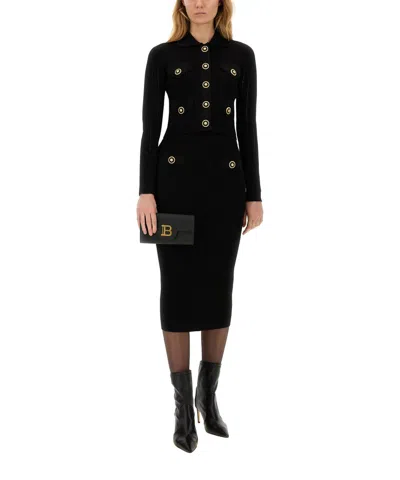 Balmain Ribbed High Waist Midi Skirt With Button Detailing