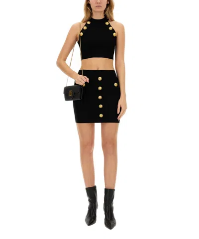 Balmain Embellished Ribbed-knit Halterneck Top In Black