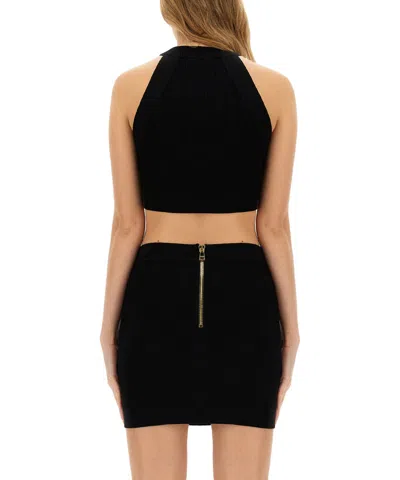 Balmain Embellished Ribbed-knit Halterneck Top In Black