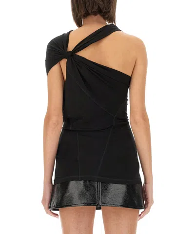 Helmut Lang Asymmetric Sleeved Draped Top With Embroidered Detail In Black