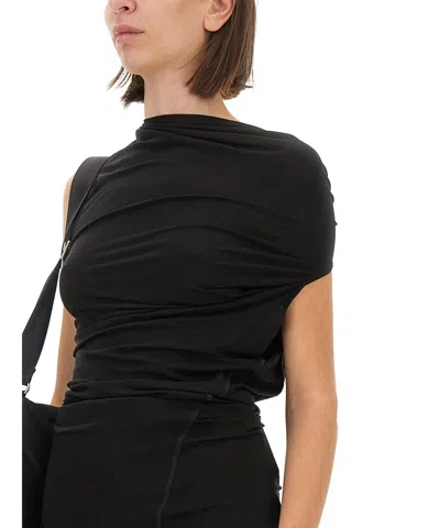 Helmut Lang Asymmetric Sleeved Draped Top With Embroidered Detail In Black