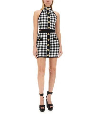 Balmain Logo Button Vichy Skirt