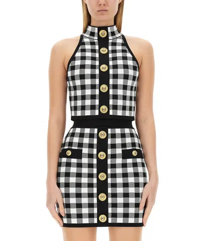 Balmain Cropped Button-embellished Gingham Knitted Top