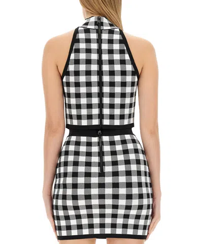 Balmain Cropped Button-embellished Gingham Knitted Top