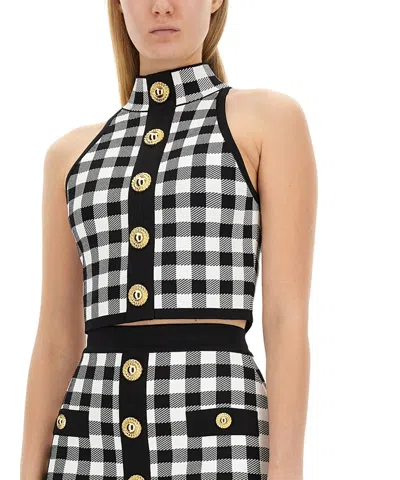 Balmain Cropped Button-embellished Gingham Knitted Top