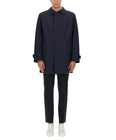 Hugo Boss Boss Classic Button-up Black Trench Coat With Extended Back Hem In Blue