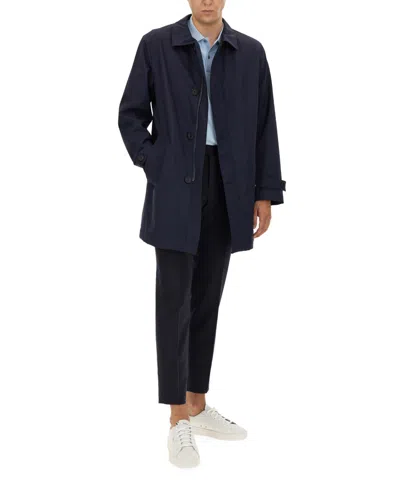 Hugo Boss Boss Classic Button-up Black Trench Coat With Extended Back Hem In Blue