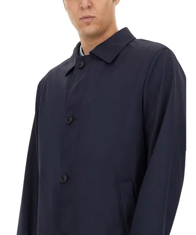 Hugo Boss Boss Classic Button-up Black Trench Coat With Extended Back Hem In Blue