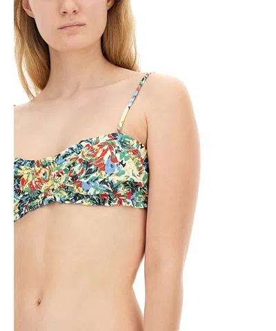 Ganni Recycled Printed Ruffle Bandeau Bikini Top In Multi