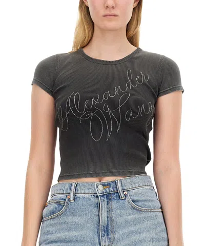 Alexander Wang Crystal Hotfix Tee In Ribbed Jersey