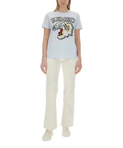 Kenzo Light Blue Cotton Tiger T-shirt In White