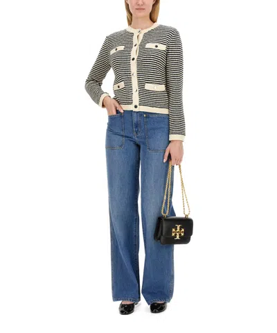 Tory Burch Kendra Contrasting-trim Striped Cardigan In Blue