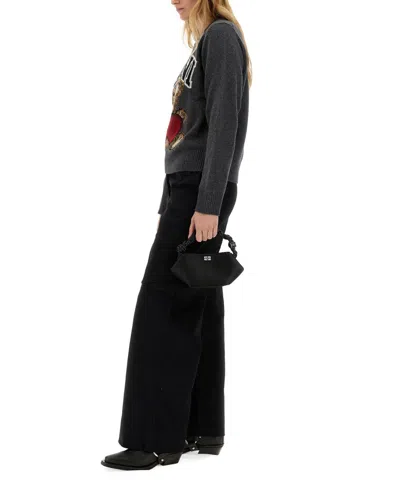 Ganni Grey Crewneck Sweater With Maxi Logo Print On The Front In Gray