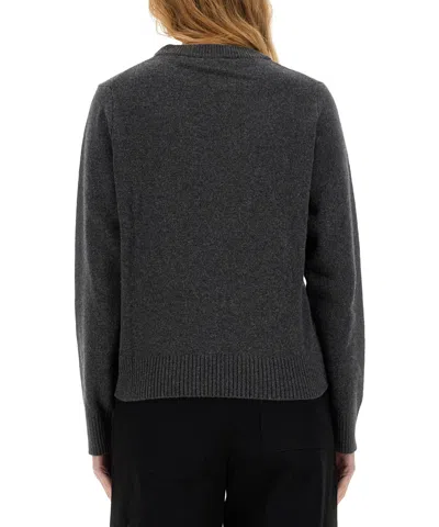 Ganni Grey Crewneck Sweater With Maxi Logo Print On The Front In Gray