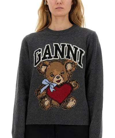 Ganni Grey Crewneck Sweater With Maxi Logo Print On The Front In Gray