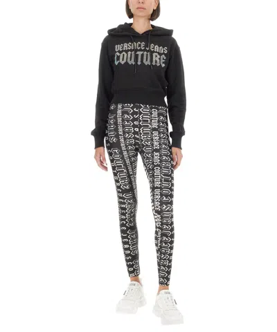 Versace Jeans Couture Cropped Black Sweatshirt With Hood And Logo Detail In Black