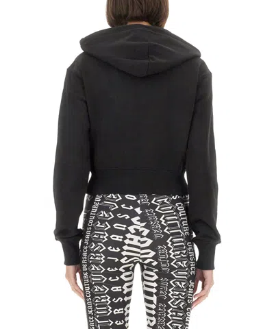 Versace Jeans Couture Cropped Black Sweatshirt With Hood And Logo Detail In Black