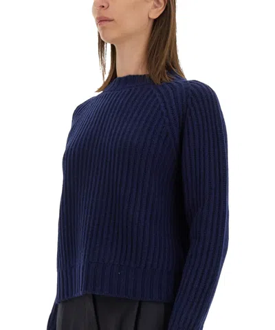 Aspesi Ribbed Wool Jersey With Modern Cropped Silhouette In Blue