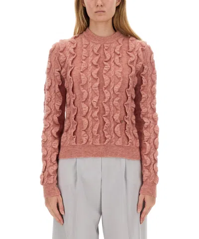 Moschino Ruffled Texture Wool Blend Sweater In Pink