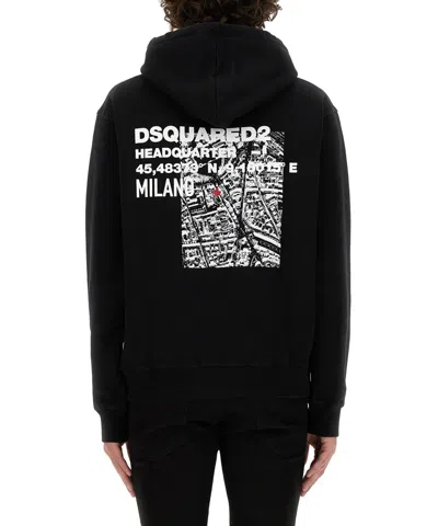 Dsquared2 Black Sweatshirt With Classic Hood And Bold Graphic Print