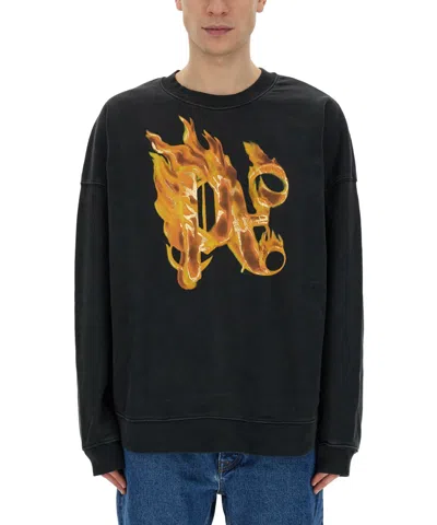 Palm Angels Sweatshirt With Front Monogram Burining In Black
