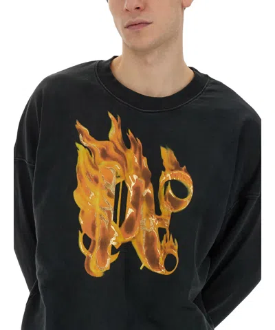Palm Angels Sweatshirt With Front Monogram Burining In Black