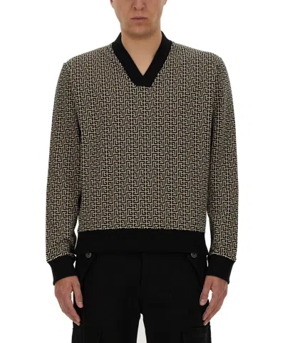 Balmain Geometric Monogram Jersey With Deep V-neckline In Black