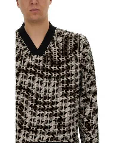 Balmain Geometric Monogram Jersey With Deep V-neckline In Black