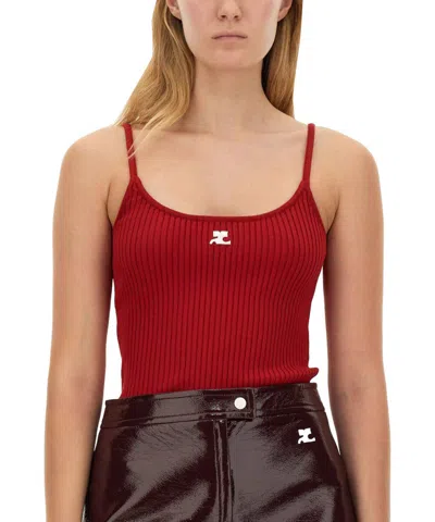 Courrèges Ribbed Knit Scoop Neck Top With Logo Patch